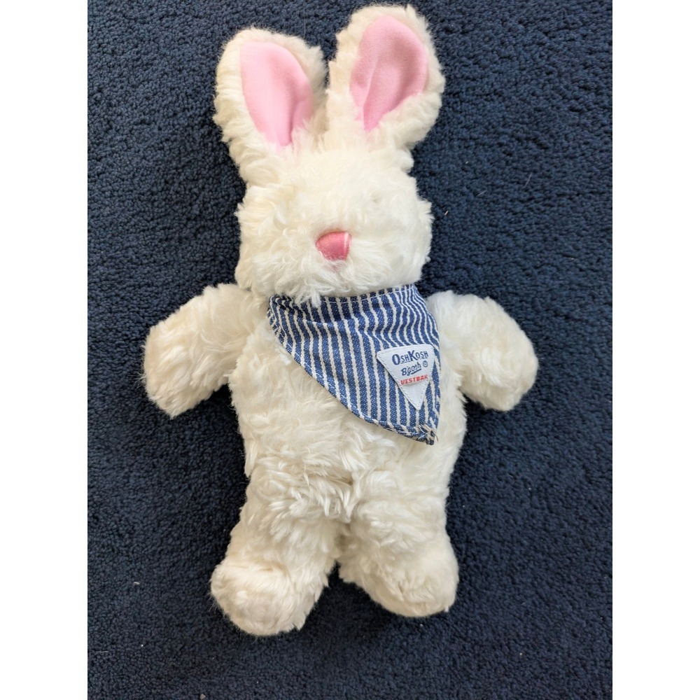 OshKosh B'gosh Plush White Bunny Rabbit Stuffed Vestbak Blue Stripe Bandana 1992